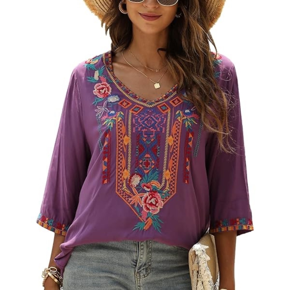 Embroidered Mexican style Purple Boho Women's Blouse